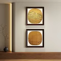 Two Circular Abstract Paintings With Wooden Frames And Decorative Elements On Wall Art 3d model