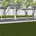 Modern Outdoor Pergola With Umbrella Canopies In Park Area With Trees And Seating