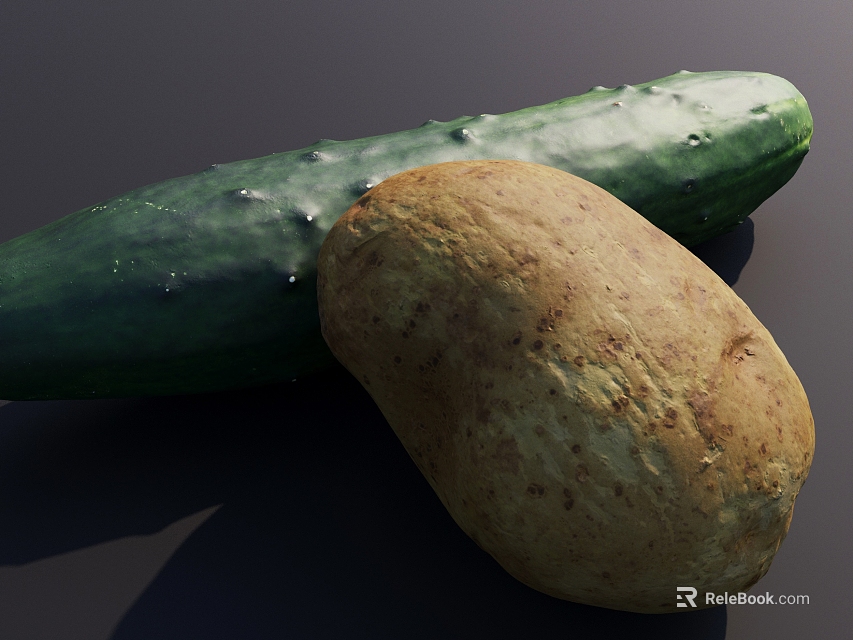 Fresh Cucumber And Potato On Dark Background 3d model 