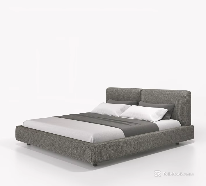 Modern Double Bed With Gray Upholstered Frame White Mattress And Pillows 3d model 