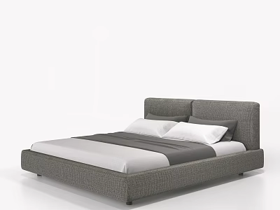 Modern Double Bed With Gray Upholstered Frame White Mattress And Pillows 3d model