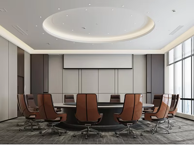 Modern Conference Room Interior Design With Round Table Brown Leather Chairs And Large Windows 3d model