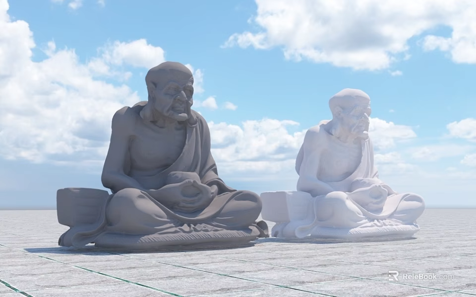 Two Seated Gray And White Sculptures With Blue Sky White Clouds Grid Patterned Ground 3d model 