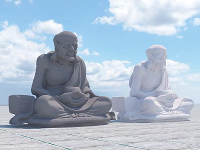 Two Seated Gray And White Sculptures With Blue Sky White Clouds Grid Patterned Ground 3d model