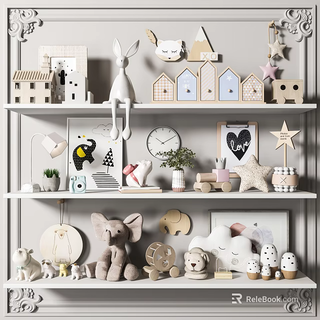 Decorative Ornament Set Including Bunny Elephant Dolls House Models Clock Plant Star Decorations On Shelves 3d model 