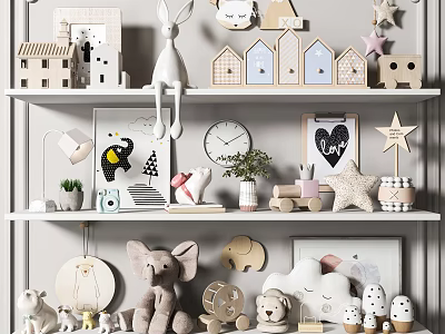 Decorative Ornament Set Including Bunny Elephant Dolls House Models Clock Plant Star Decorations On Shelves 3d model