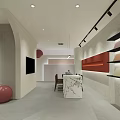 Modern Interior with White Sofa Beige Walls Red Decorative Strip Gray Flooring and Arched Partition