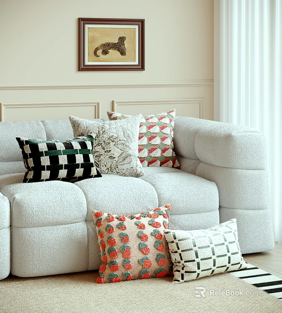 Stylish Decorative Pillows on Light Sofa with Geometric Floral and Checkered Patterns for Modern Living Room 3d model 