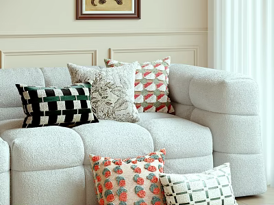 Stylish Decorative Pillows on Light Sofa with Geometric Floral and Checkered Patterns for Modern Living Room 3d model
