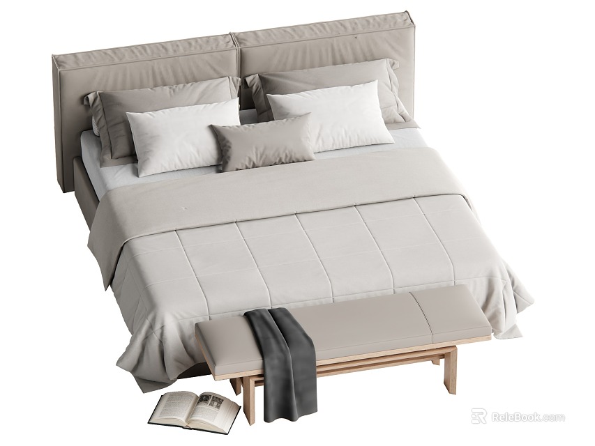 Cozy Double Bed With Headboard Pillows Bedspread Footstool Blanket And Open Book 3d model 