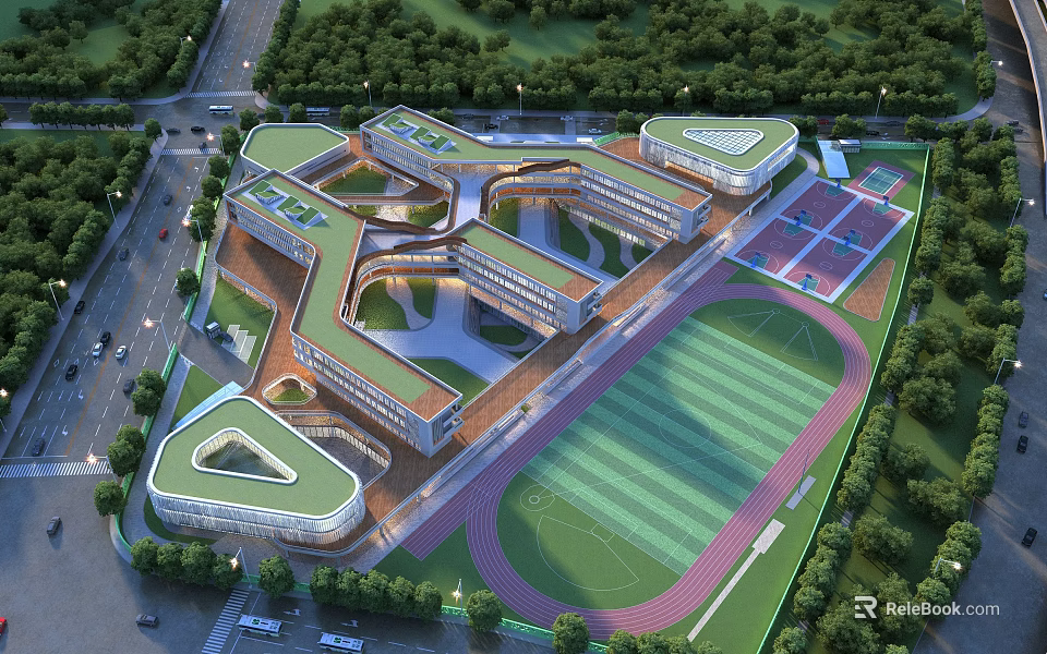 Modern School Building With Green Roof And Sports Field Surrounded By Trees 3d model 