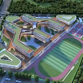 Modern School Building With Green Roof And Sports Field Surrounded By Trees