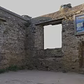 Ancient Stone Ruin Building Model On Black Square Base With Grass And Dirt