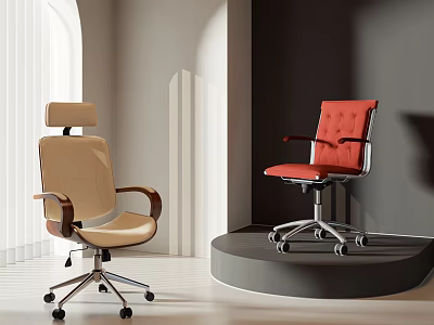 Modern Ergonomic Office Chairs In Beige And Red Leather With Adjustable Arms And Swivel Wheels 3d model