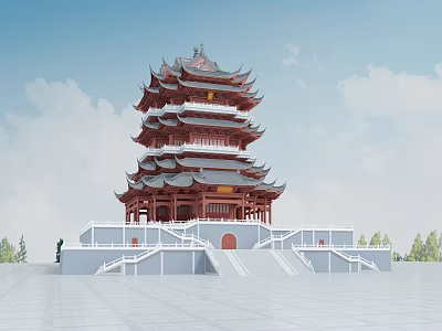 Ancient Chinese Traditional Multistory Tower With Overhanging Eaves White Base Open Square And Blue Sky 3d model