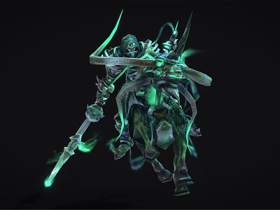 Skeletal Knight Mounted On Skeletal Horse With Green Glowing Energy And Weapon In Dark Fantasy 3d model