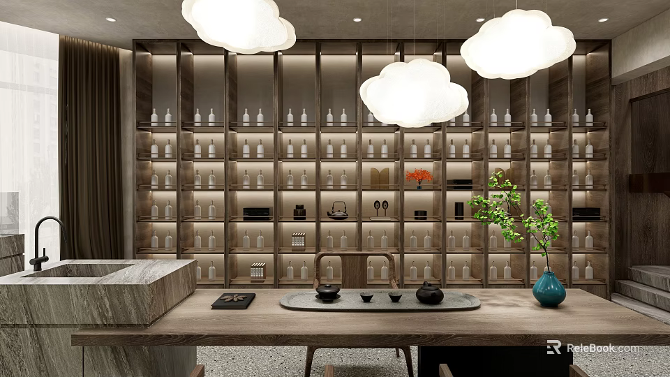 Elegant Wine Cellar Interior Design With Wooden Racks Rows of Wine Bottles and Hanging Lights 3d model 