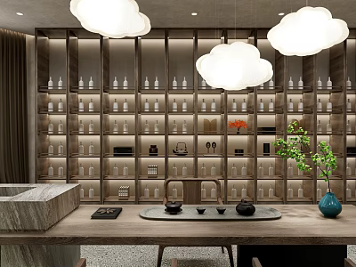 Elegant Wine Cellar Interior Design With Wooden Racks Rows of Wine Bottles and Hanging Lights 3d model