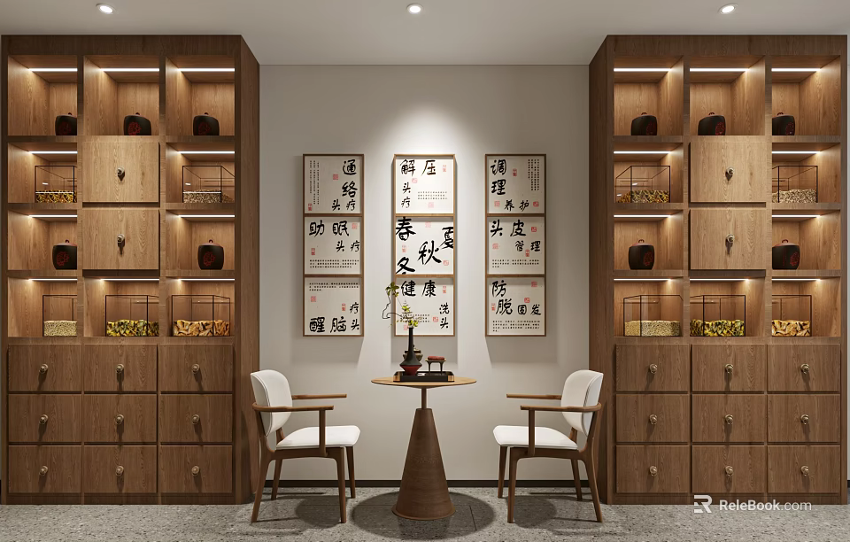 Solid Wood Chinese Style Display Shelves with Calligraphy Paintings Tea Sets and Tables Chairs 3d model 