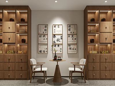 Solid Wood Chinese Style Display Shelves with Calligraphy Paintings Tea Sets and Tables Chairs 3d model