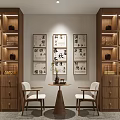 Solid Wood Chinese Style Display Shelves with Calligraphy Paintings Tea Sets and Tables Chairs