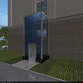Modern Building Exterior Design With Transparent Glass Elevator And Grass Shrubs