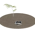 Woven Beige Round Area Rug with Small Plant and Photo Frames for Living Room Decor