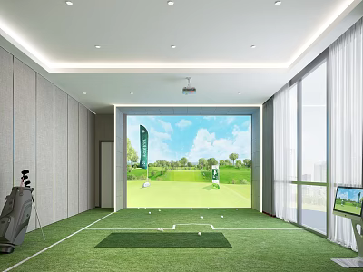 Modern Indoor Golf Fitness Training Space With Green Turf And Large Projection Screen 3d model