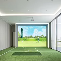 Modern Indoor Golf Fitness Training Space With Green Turf And Large Projection Screen