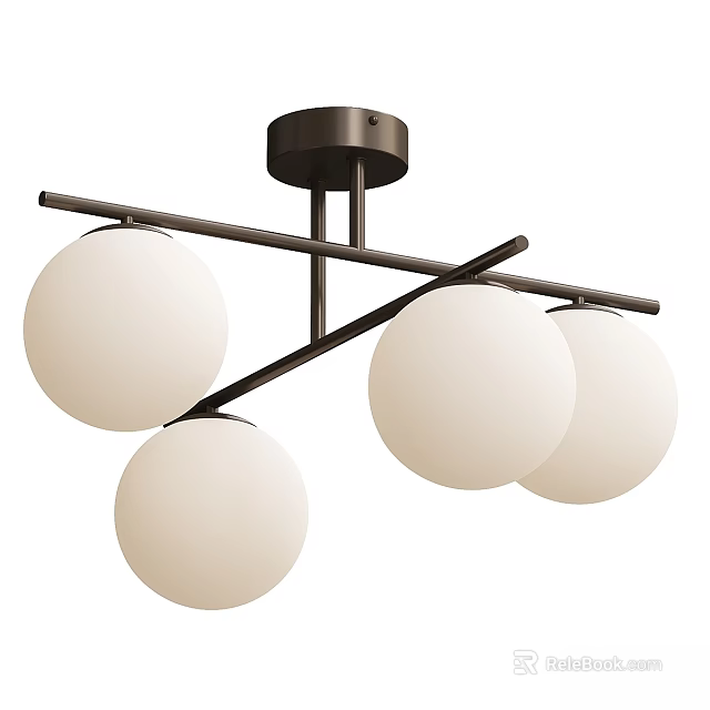 Modern Black Metal Ceiling Light with Four White Globe Shades and Crossbar Design 3d model 