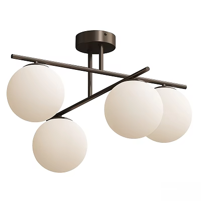 Modern Black Metal Ceiling Light with Four White Globe Shades and Crossbar Design 3d model