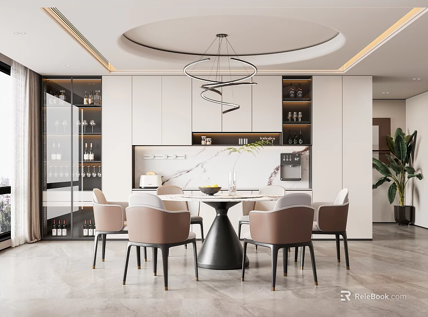 Modern Restaurant Interior Design With Black Dining Table Beige Chairs White Cabinets And Plant 3d model 