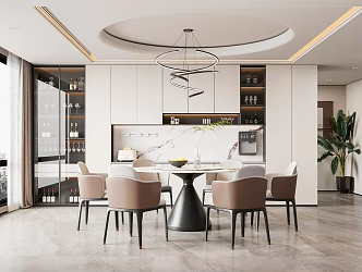 Restaurant Dining Table and Chair Combination Round Table Chair Chandelier Wine Cabinet Ornaments 3d model