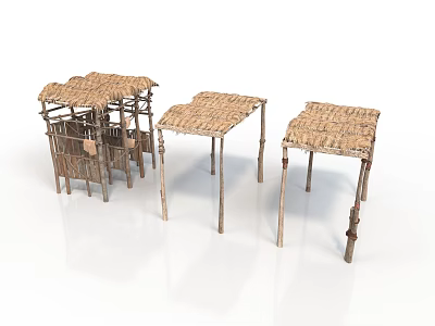 Traditional Thatched Roof Structures With Wooden Frame And Simple Rural Design 3d model