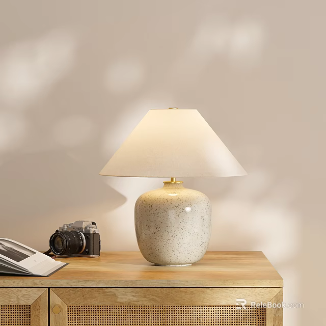 Ceramic Table Lamp With Speckled Beige Cream Linen Shade Camera And Book On Wooden Desk 3d model 