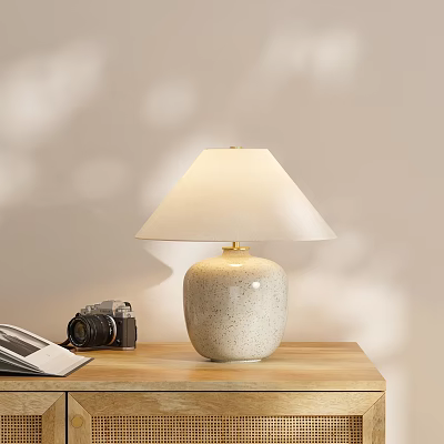 Ceramic Table Lamp With Speckled Beige Cream Linen Shade Camera And Book On Wooden Desk 3d model