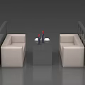 Modern Dining Table Set With Beige Sofa Seats Gray Table Wine Glasses Bottle And Plates 3d model