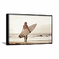 Back View Woman Holding Surfboard on Beach Ocean Sunset Portrait Artwork
