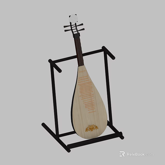 Chinese Traditional Pipa Wooden Musical Instrument On Black Stand With Decorative Pattern 3d model 