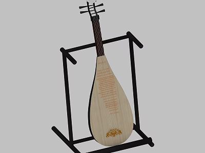 Chinese Traditional Pipa Wooden Musical Instrument On Black Stand With Decorative Pattern 3d model