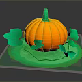 Fresh Orange Pumpkin With Green Stem And Leaves On Green Base