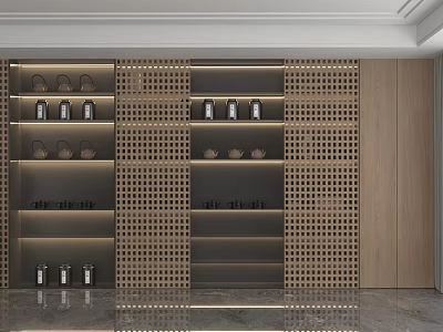 Modern Storage Shelving Unit With Open Wooden Design Displaying Decorative Bowls And Glass Bottles 3d model