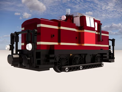 Red Building Block Train Model With White Stripes Black Base And Blue Sky White Clouds 3d model