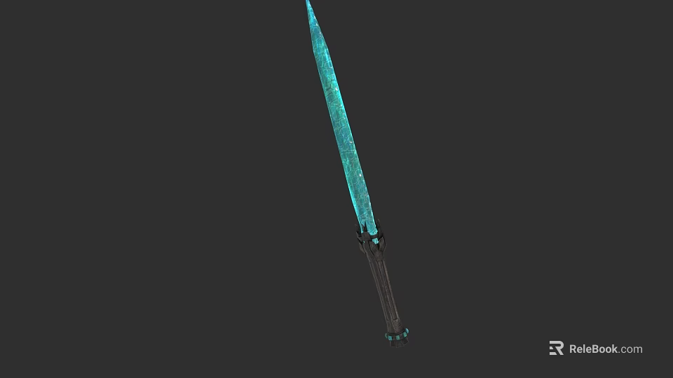 Glowing Blue Fantasy Sword With Intricate Blade Texture And Dark Hilt Design 3d model 