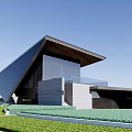 Modern Geometric Waterfront Building With Glass Curtain Wall Blue Sky And Water Surface