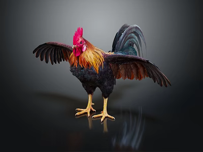 A Rooster with Red Comb Yellow Beak and Spread Wings on Black Background with Reflection 3d model