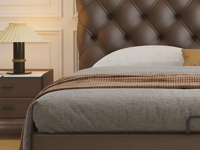 Luxurious Bedroom With Tufted Brown Headboard Gray Blanket And Table Lamp 3d model