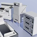 Kitchen Appliances Collection Including Oven Refrigerator Stove Sink And Storage Units