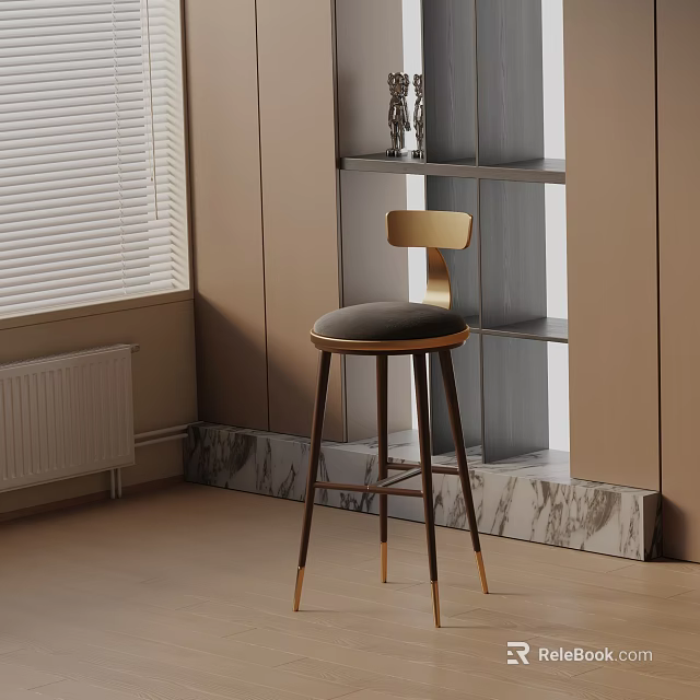 Modern Bar Stool With Golden Backrest Black Cushion Metal Legs In Interior With Marble Countertop 3d model 