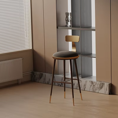 Modern Bar Stool With Golden Backrest Black Cushion Metal Legs In Interior With Marble Countertop 3d model